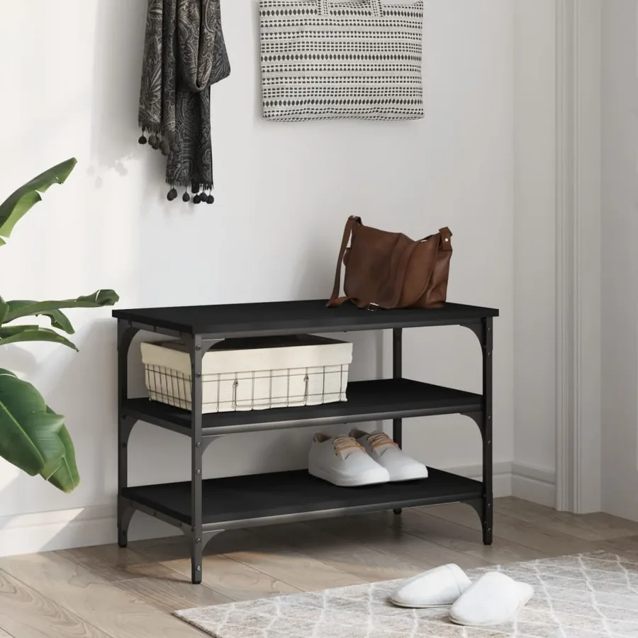Banc à chaussures noir 70x38,5x49 cm bois d'ingénierie - 3