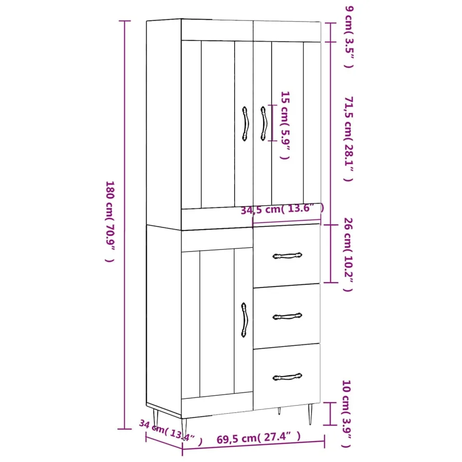 Buffet haut Gris béton 69,5x34x180 cm Bois d'ingénierie - 14