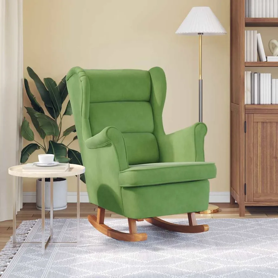 Fauteuil à bascule à oreilles en velours vert clair bois massif - 3
