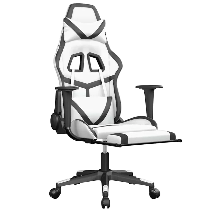 Chaise de jeu de massage avec repose-pied Blanc&Noir Similicuir - 3