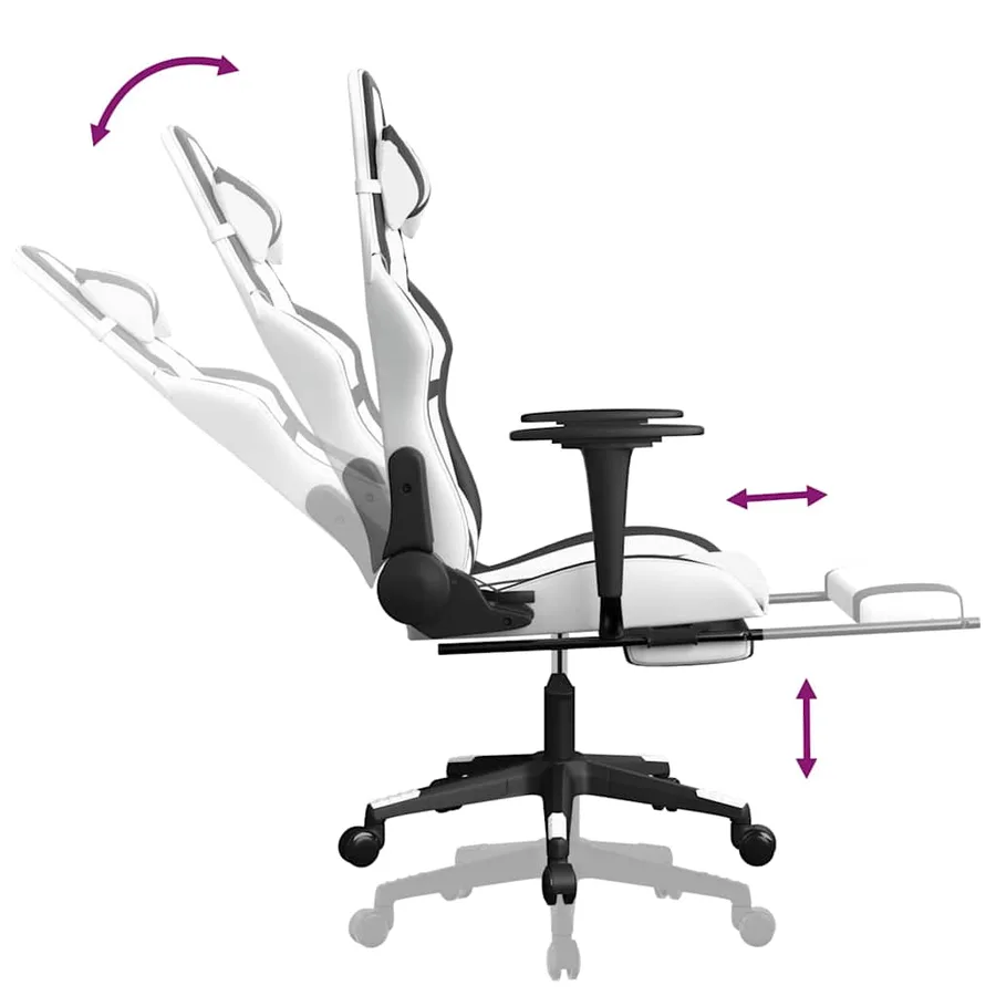 Chaise de jeu de massage avec repose-pied Blanc&Noir Similicuir - 7