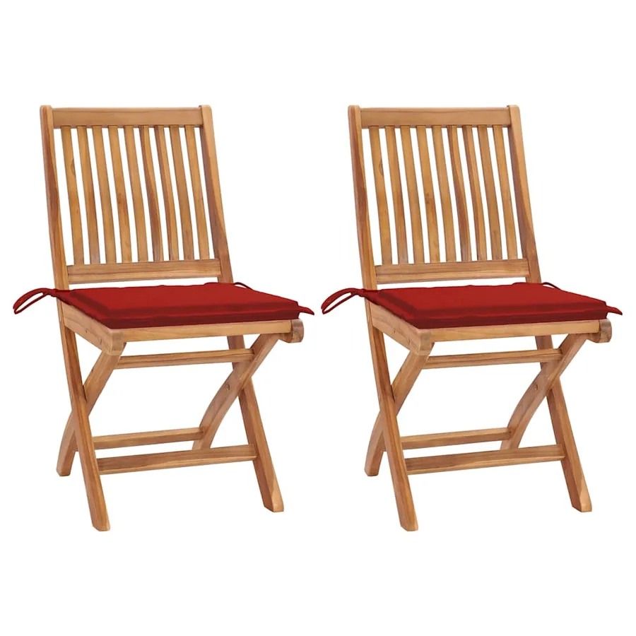 Chaises de jardin lot de 2 et coussins rouge Bois teck massif