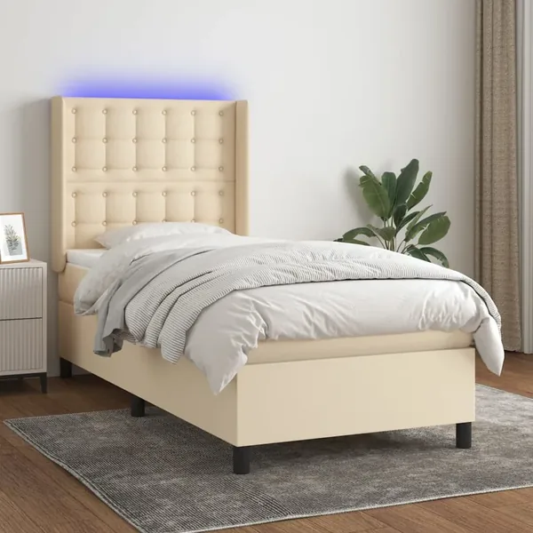 Sommier à lattes de lit matelas et LED Crème 90x200 cm Tissu