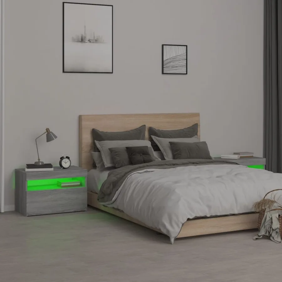 Tables de chevet 2 pcs et lumières LED Sonoma gris 60x35x40 cm - 5