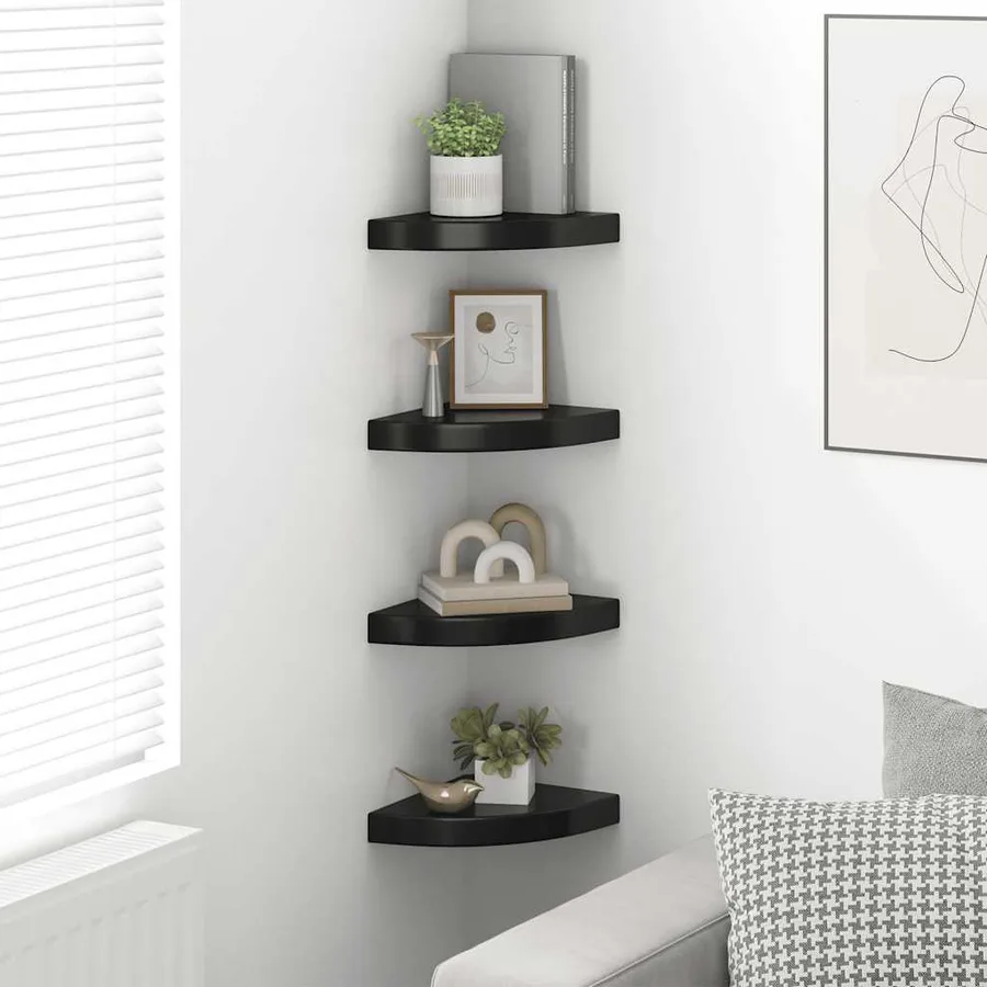 Étagères d'angle flottantes 4 pcs noir brillant 25x25x3,8cm MDF - 3