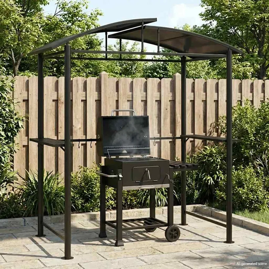 Gazebo BBQ et étagères latérales anthracite 210x114x230cm acier