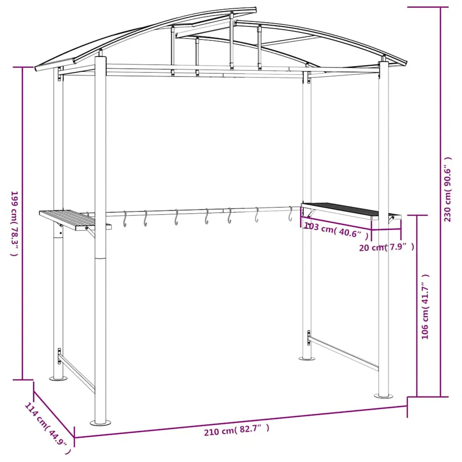 Gazebo BBQ et étagères latérales anthracite 210x114x230cm acier - 7