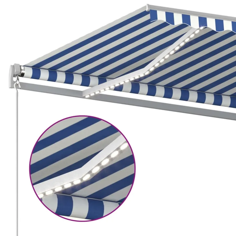 Auvent manuel rétractable avec LED 450x300 cm Bleu et blanc - 5