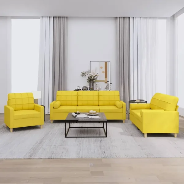 Ensemble de canapés 3 pcs avec coussins jaune clair tissu