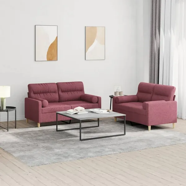 Ensemble de canapés 2 pcs avec coussins rouge bordeaux tissu