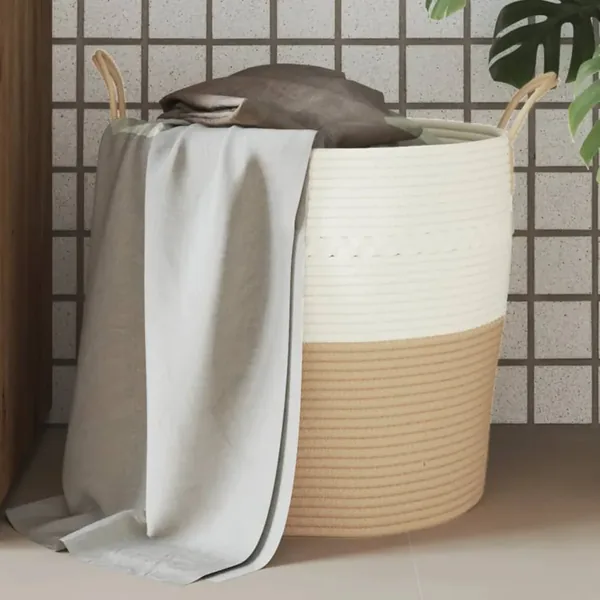 Panier de rangement beige et blanc Ø43x38 cm coton