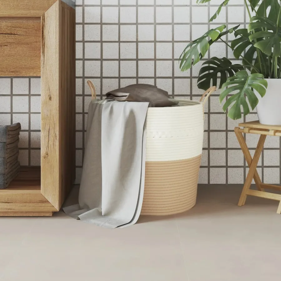 Panier de rangement beige et blanc Ø43x38 cm coton - 3