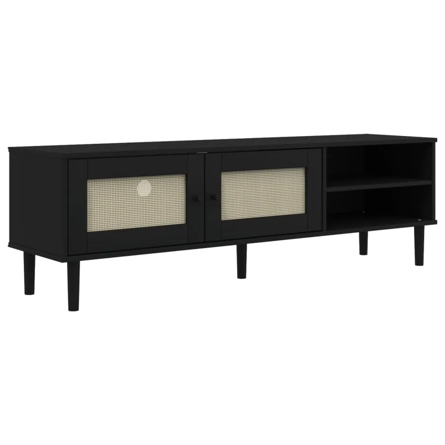 Meuble TV SENJA aspect rotin noir 158x40x49cm bois massif pin - 2