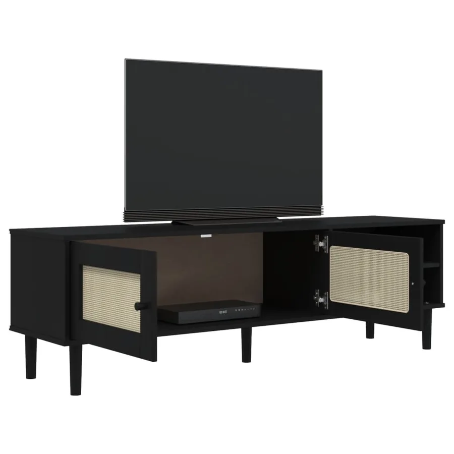 Meuble TV SENJA aspect rotin noir 158x40x49cm bois massif pin - 4