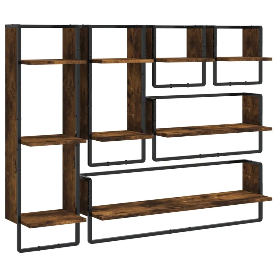 Ensemble d'étagères murales avec barres 6 pcs chêne fumé - 2