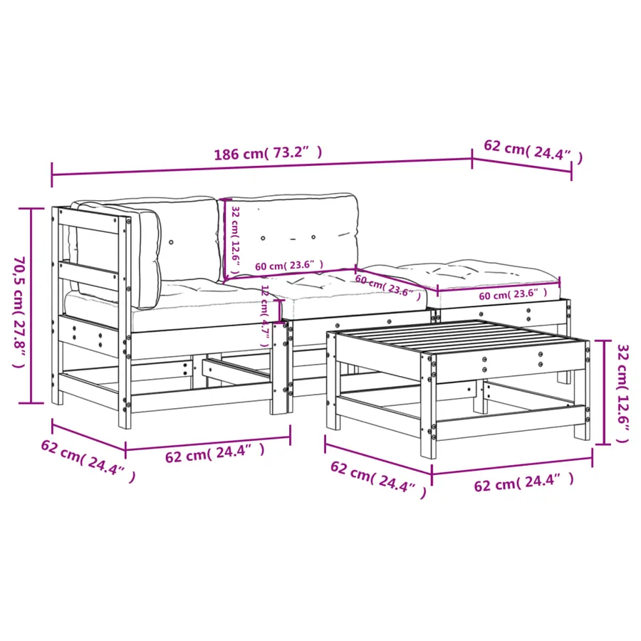 Salon de jardin 4 pcs avec coussins bois massif - 9