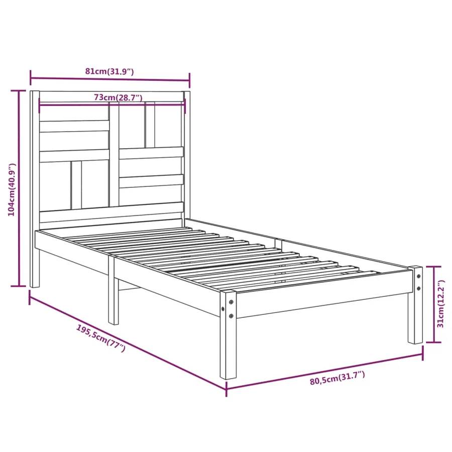Cadre de lit sans matelas bois massif 75x190 cm - 6