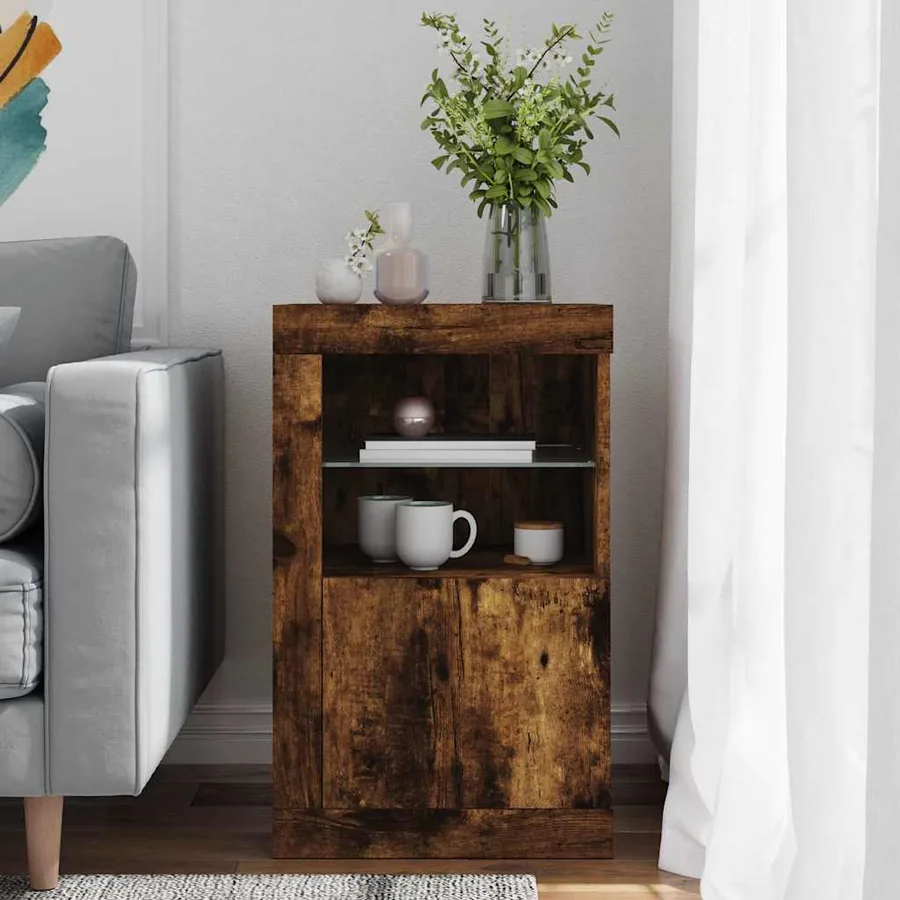 Armoire latérale avec lumières LED chêne fumé bois d'ingénierie - 3