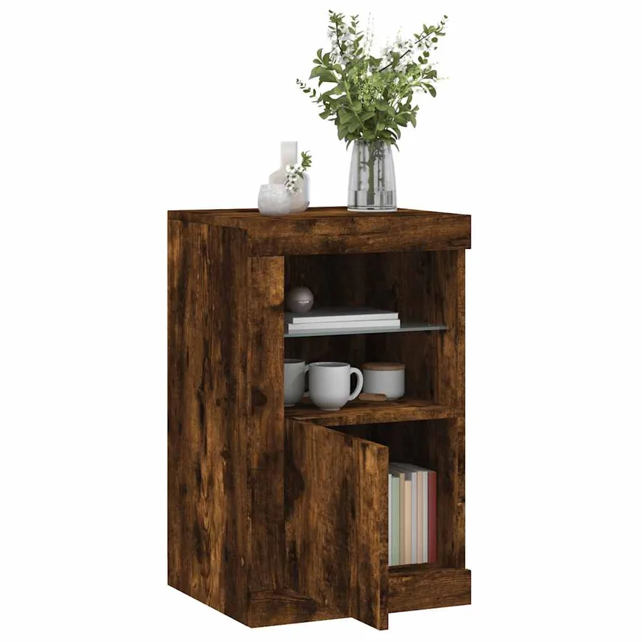 Armoire latérale avec lumières LED chêne fumé bois d'ingénierie - 4