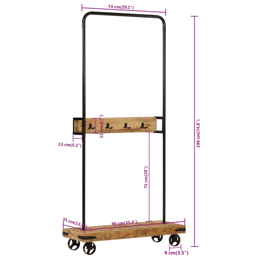Porte-vêtements et roues 90x35x190 cm bois de manguier et fer - 8