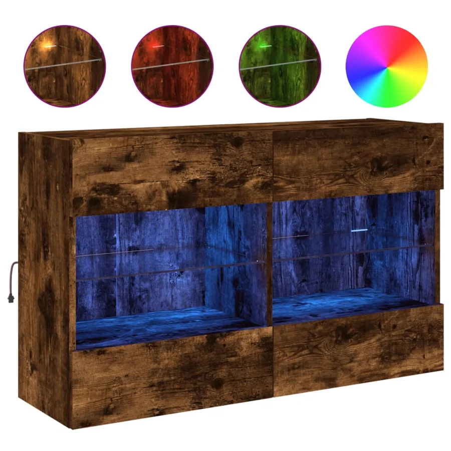 Meuble TV mural avec lumières LED chêne fumé 98,5x30x60,5 cm - 2