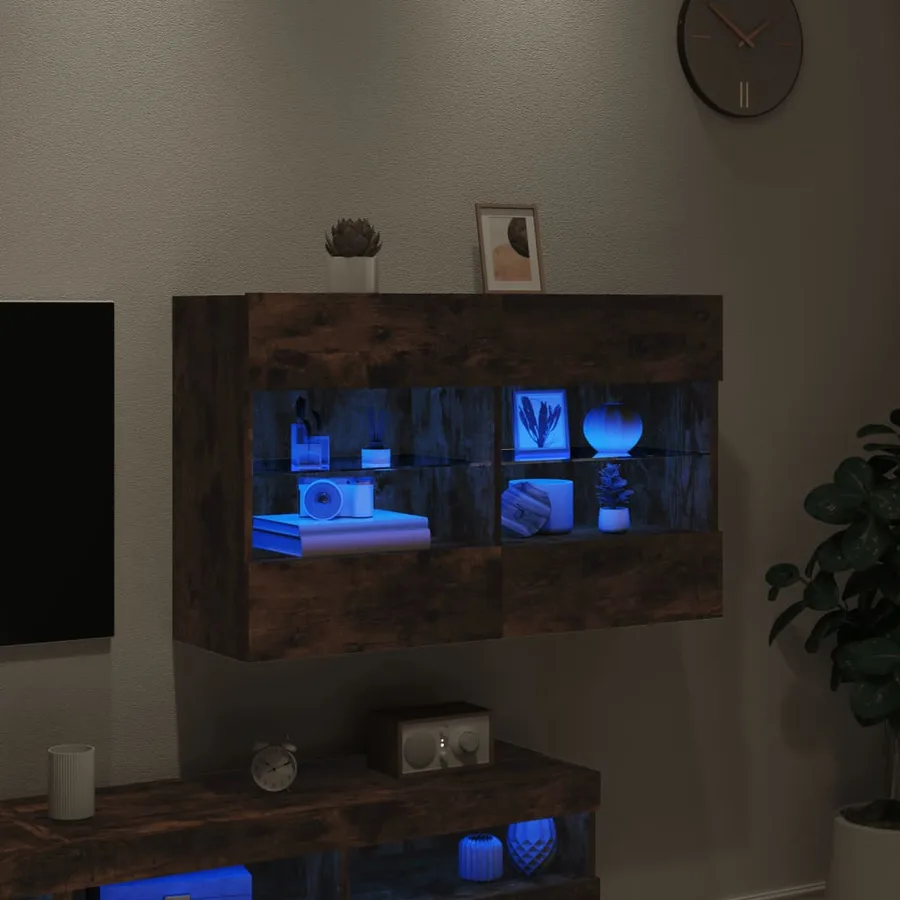 Meuble TV mural avec lumières LED chêne fumé 98,5x30x60,5 cm - 4