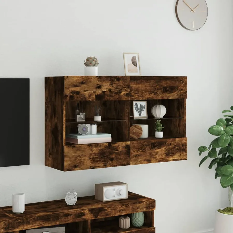Meuble TV mural avec lumières LED chêne fumé 98,5x30x60,5 cm - 5
