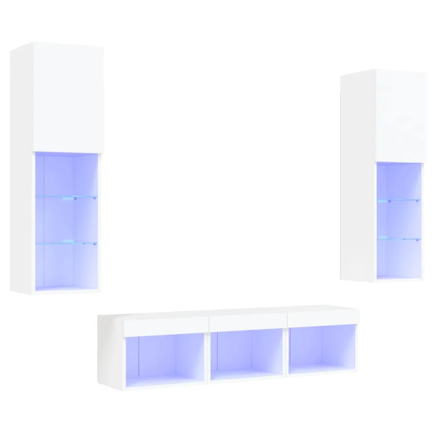 Unités murales TV avec LED 5 pcs blanc bois d'ingénierie - 2