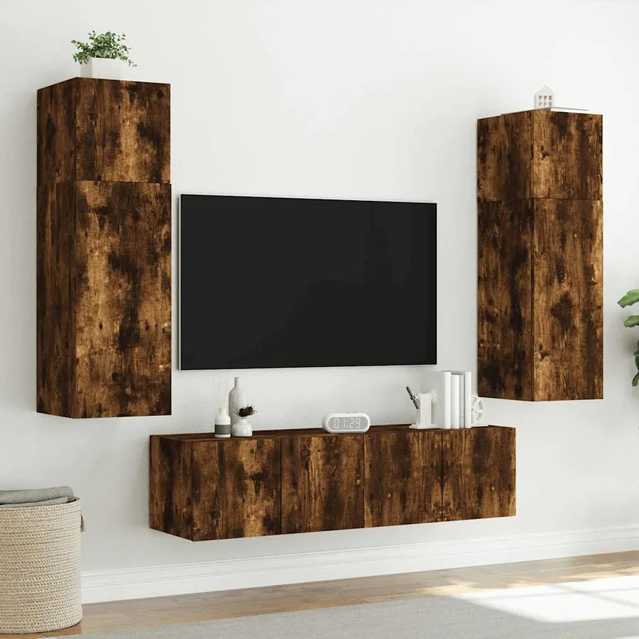 Meubles TV muraux et lumières LED 2pcs chêne fumé 60x35x41 cm - 5