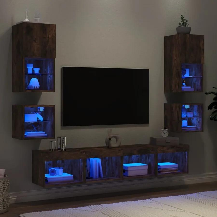 Unités murales TV avec LED 8 pcs chêne fumé bois d'ingénierie
