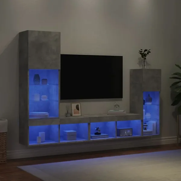 Unités murales TV avec LED 4 pcs gris béton bois d'ingénierie