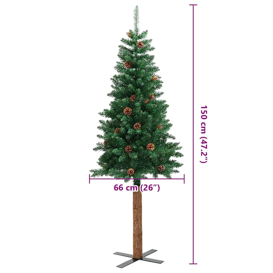 Sapin de Noël mince avec bois véritable et cônes vert 150cm PVC - 7