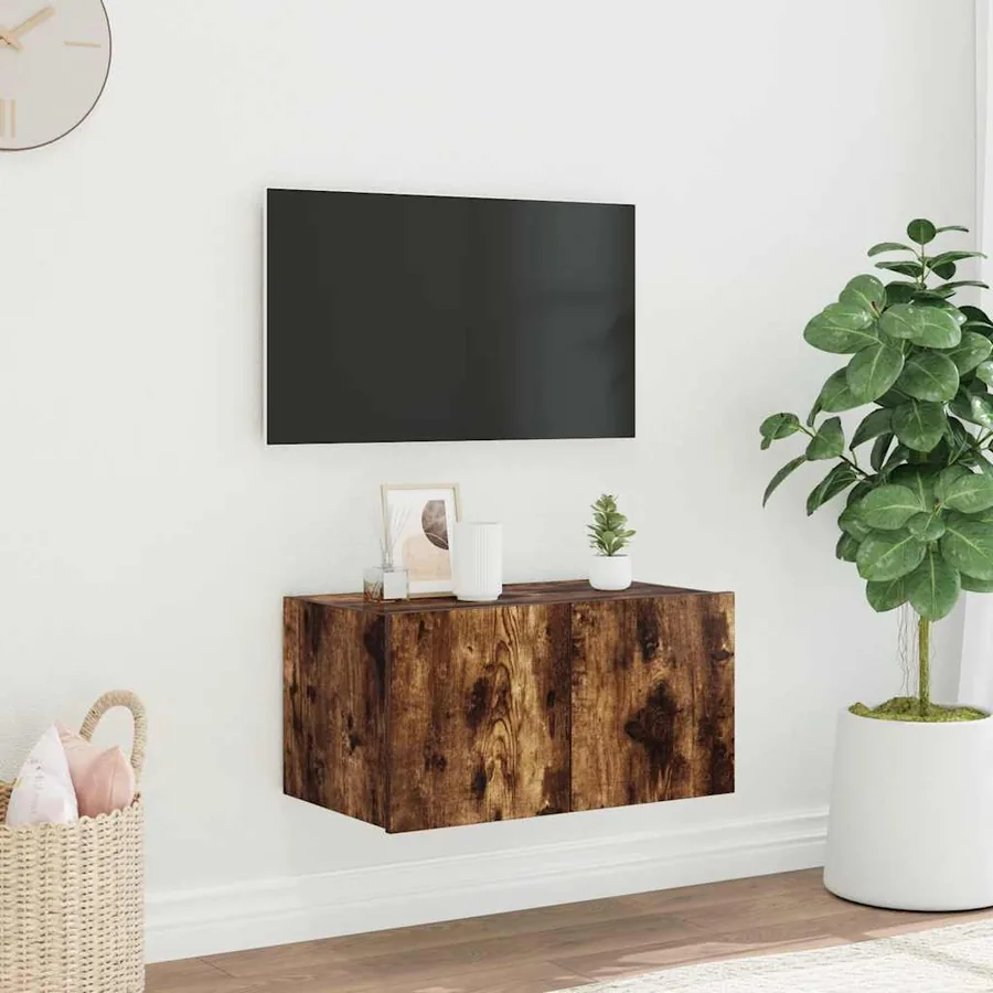 Meuble TV mural avec lumières LED chêne fumé 60x35x31 cm