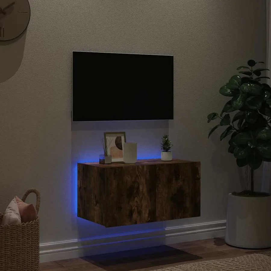 Meuble TV mural avec lumières LED chêne fumé 60x35x31 cm - 3
