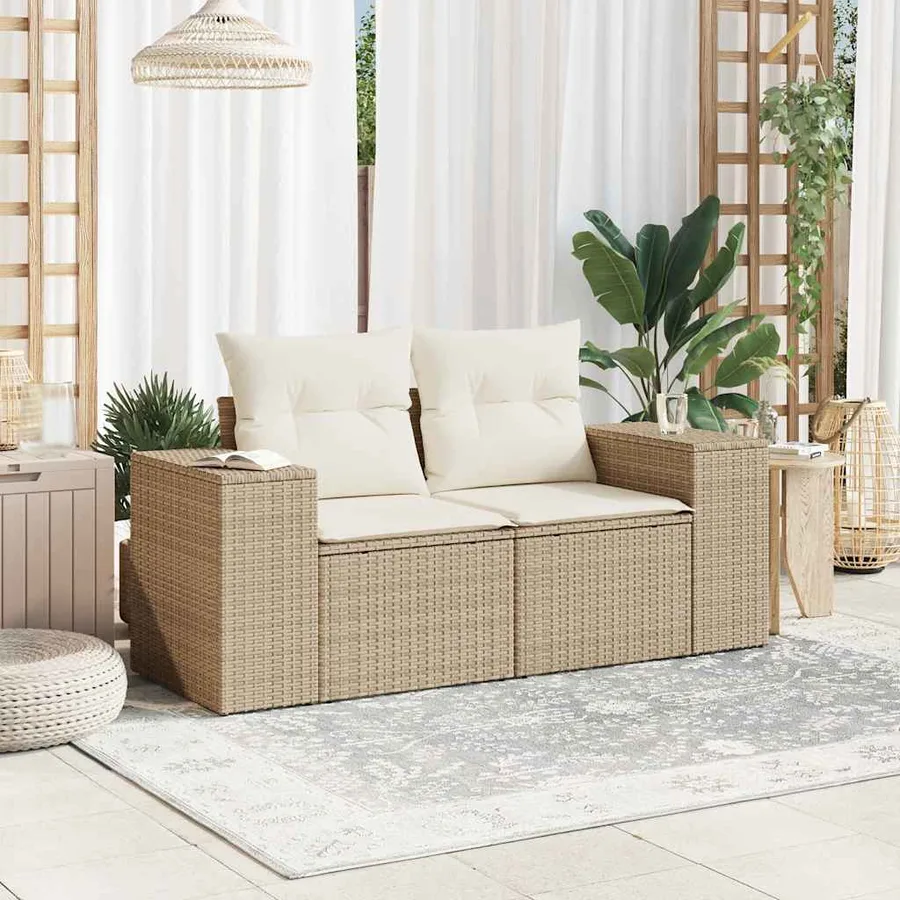 Canapé de jardin avec coussins 2 places beige résine tressée - 3