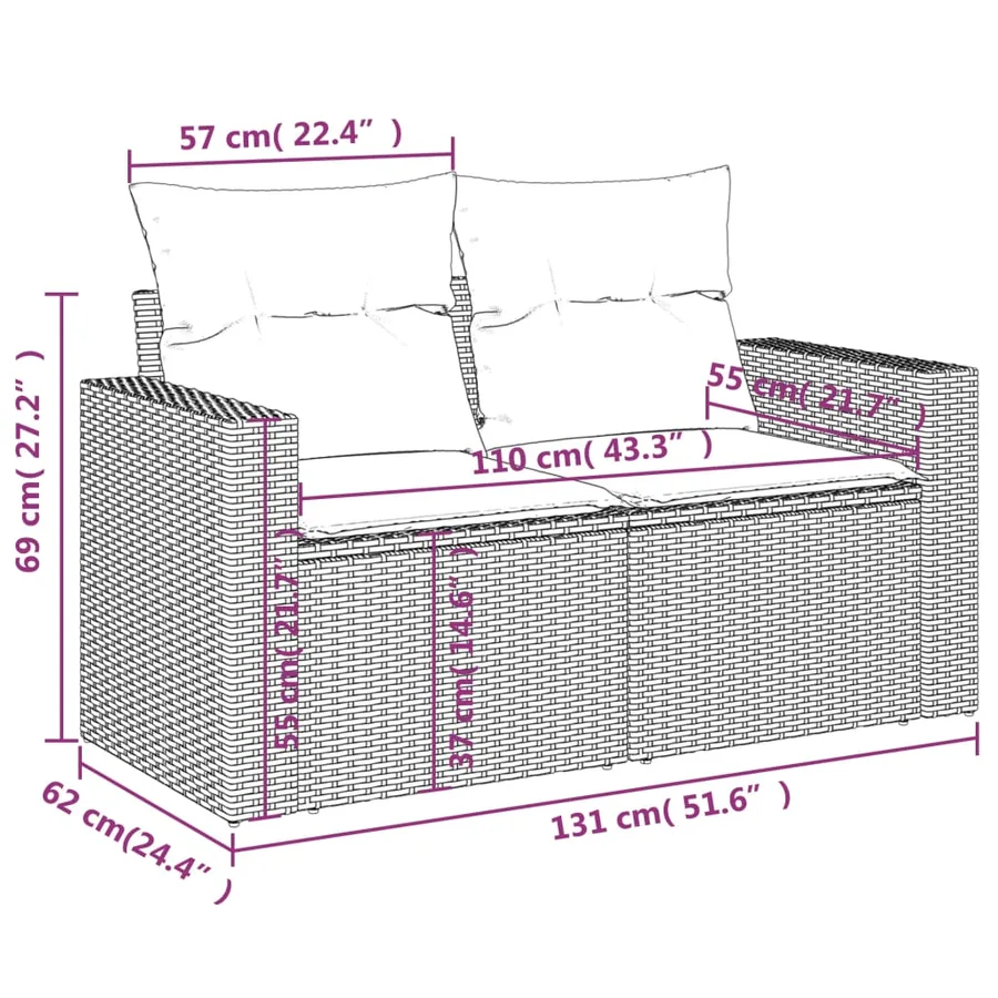 Canapé de jardin avec coussins 2 places beige résine tressée - 11