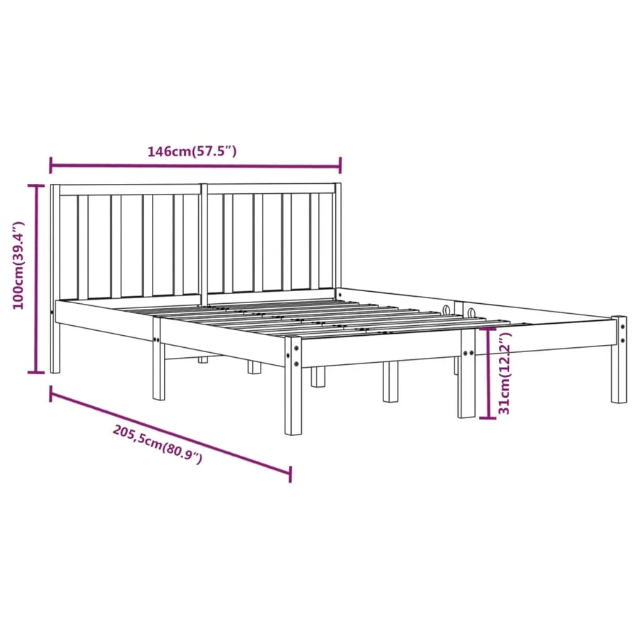 Cadre de lit sans matelas noir bois de pin massif - 6