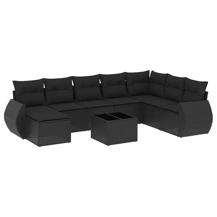 Salon de jardin 9 pcs avec coussins noir résine tressée - 2