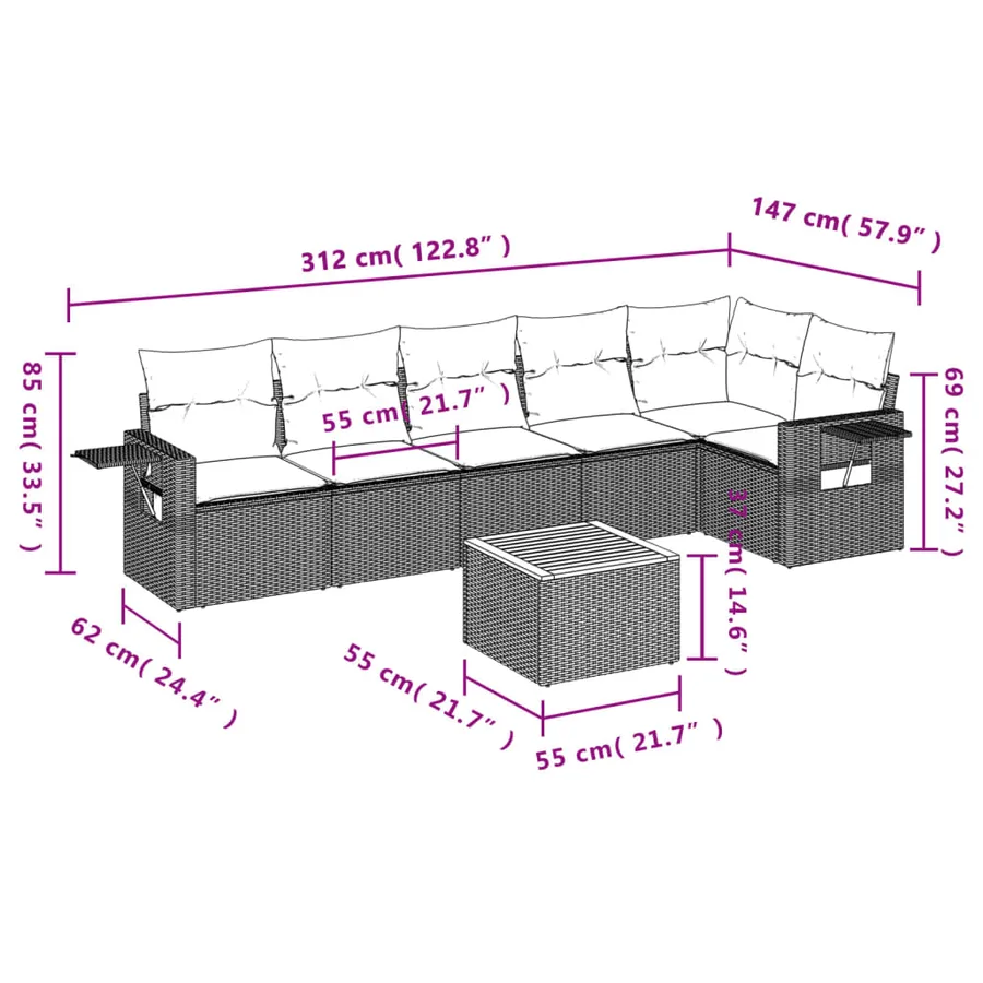 Salon de jardin 7 pcs avec coussins noir résine tressée 62 x 62 x 69 cm - 56,3 kg - 9