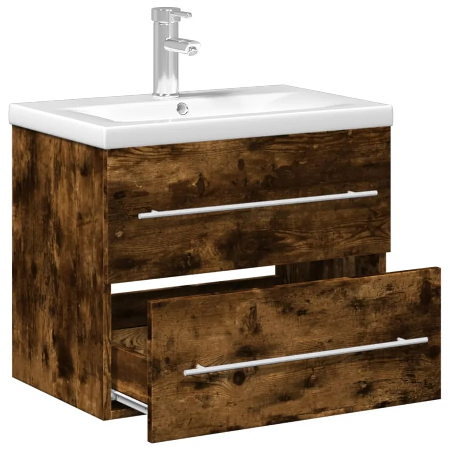 Armoire lavabo de salle de bain avec bassin intégré chêne fumé - 5