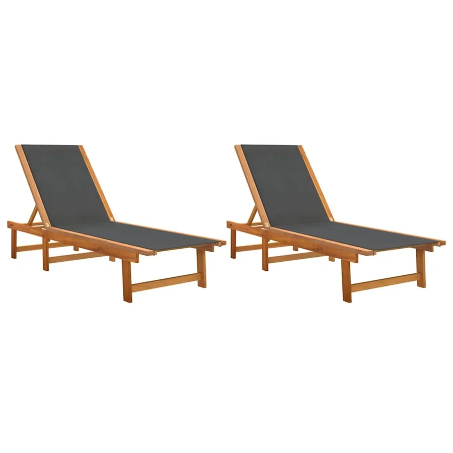 Chaises longues lot de 2 noir bois d'acacia solide et textilène - 2