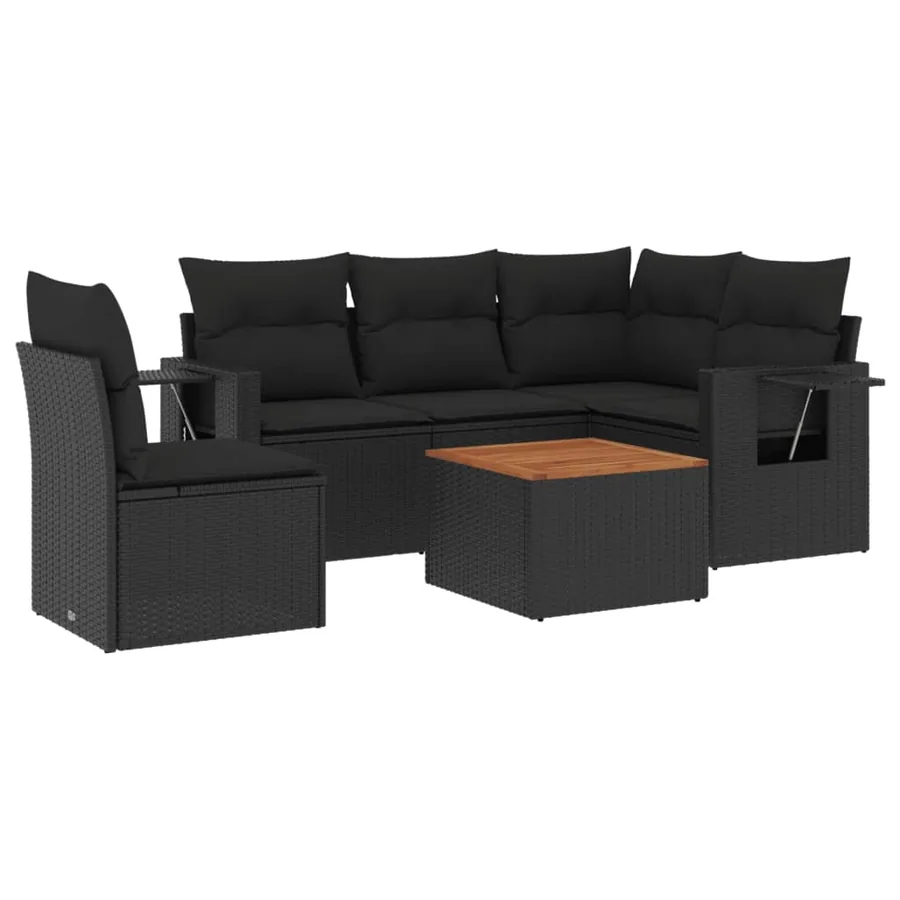 Salon de jardin 6 pcs avec coussins noir résine tressée - 2