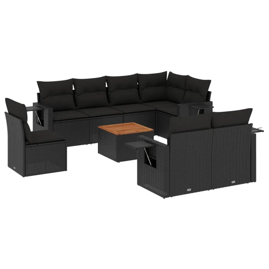 Salon de jardin 9 pcs avec coussins noir résine tressée - 2