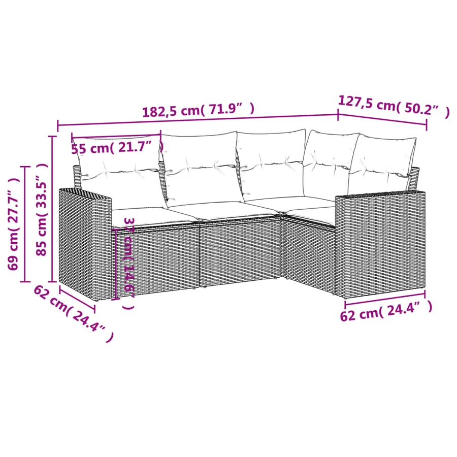 Salon de jardin 4 pcs avec coussins noir résine tressée - 3