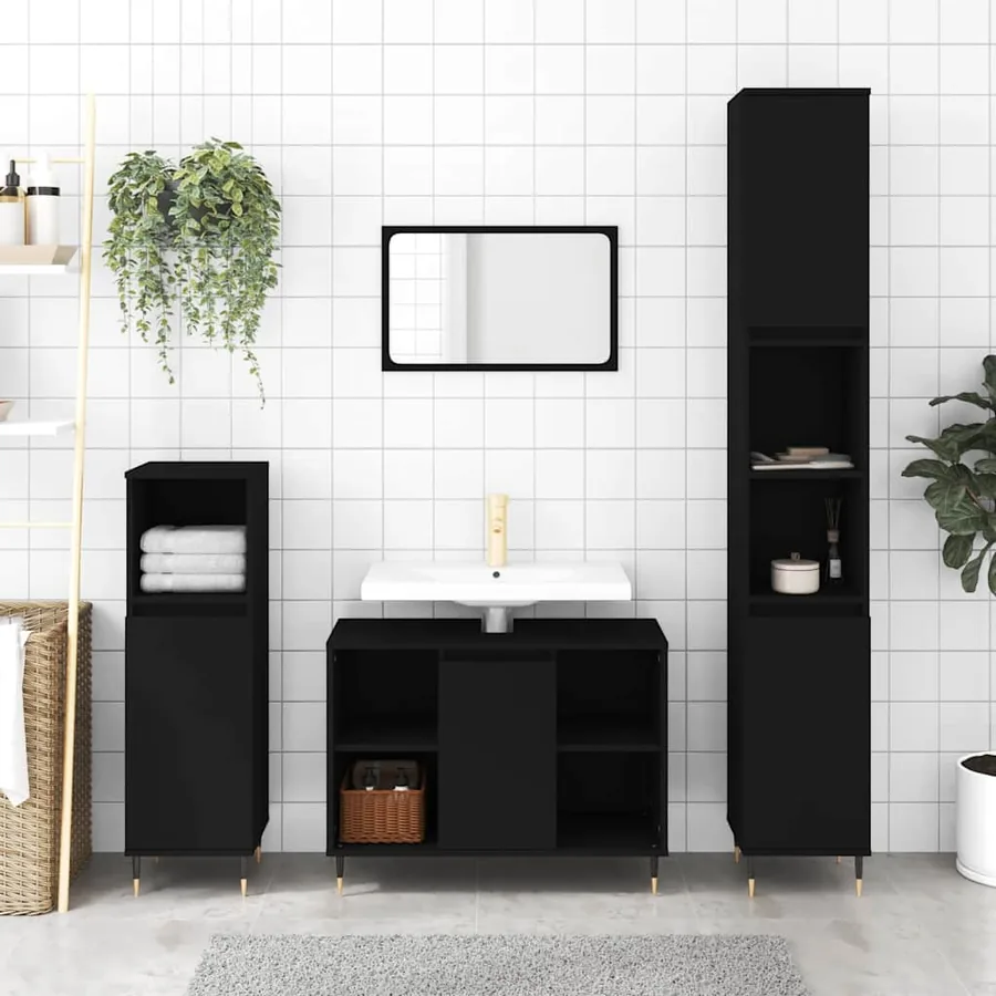 Armoire de salle de bain noir 30x30x100 cm bois d'ingénierie