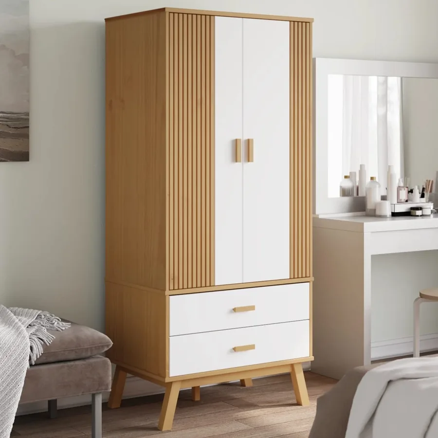 Garde-robe OLDEN blanc et marron 76,5x53x172 cm bois massif pin