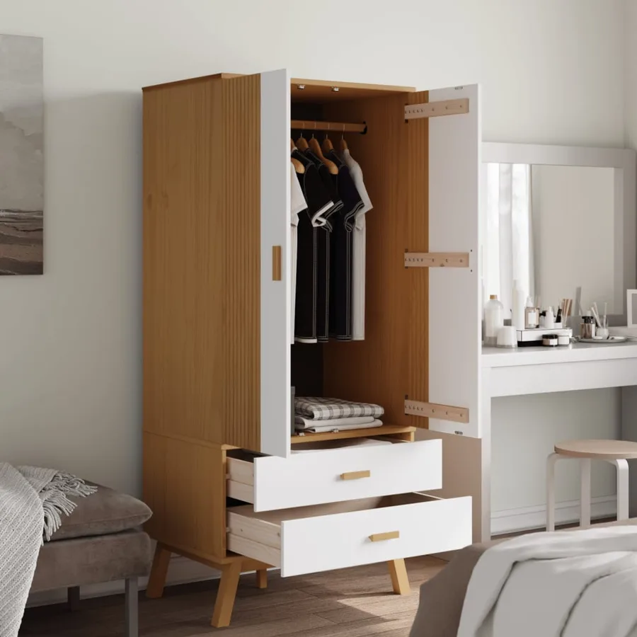 Garde-robe OLDEN blanc et marron 76,5x53x172 cm bois massif pin - 4