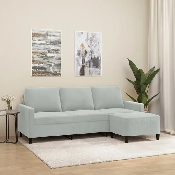 Canapé à 3 places avec repose-pieds Gris clair 180 cm Velours