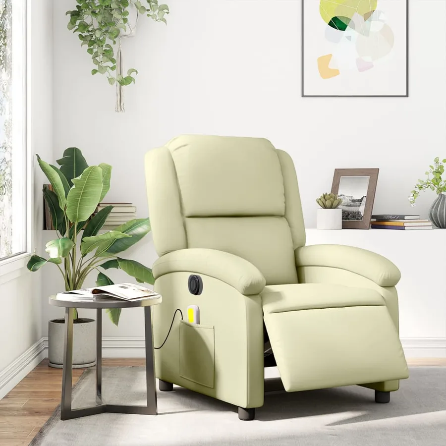 Fauteuil de massage inclinable électrique crème cuir véritable - 16