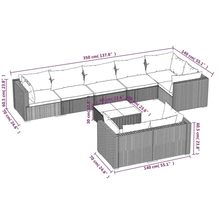Salon de jardin 9 pcs avec coussins Noir Résine tressée - 6